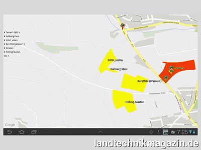 Bild: Die Land-Data Eurosoft AO TeamGuide App nutzt das Karten- und Bildmaterial von Google Maps. AO TeamGuide zeigt die Orte des derzeitigen Kampagneplans und die aktuellen Positionen der beteiligten Teammitglieder an.