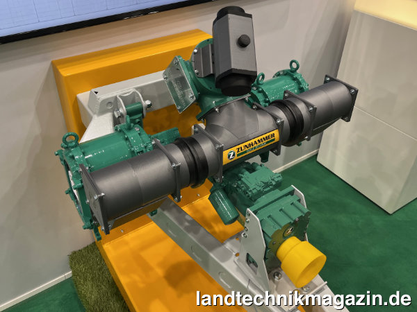 lBeim neuen Zunhammer ECO-Duo Vario System – hier ein Funktionsmodell – werden die beiden Pumpen hydraulisch angetrieben, so dass ihre Drehzahl unabhägig voneinander verstellt werden kann.