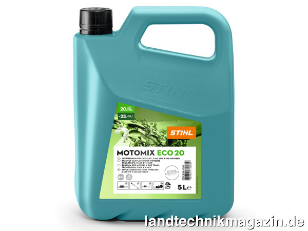 lMit dem neuen MotoMix ECO 20 bietet STIHL einen vorgemischten Sonderkraftstoff mit einem 20-prozentigen Anteil an Rohstoffen aus regenerativen Quellen für den nachaltigeren Betrieb von Geräten mit 2-Takt-Motoren.