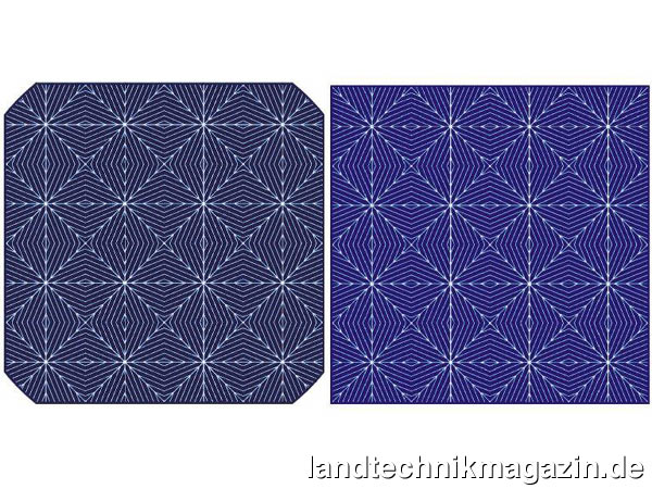 lCanadian Solar stellt auf der Intersolar 2011 seine neue Solarzellentechnologie ELPS vor. Damit steigt nach Herstellerangaben die Effizienz monokristalliner Zellen (links) auf bis zu 19,5 Prozent sowie die polykristalliner Zellen (rechts) auf bis zu 18 Prozent.