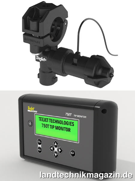 lÜber in jedem Düsenkörper integrierte Durchflussmesser überwacht der TeeJet Düsen-Monitor 750T kontinuierlich die Funktion der Düsen. Die Sensoren sind über „Plug-and-Play“ und CANBUS verbunden, die Messdaten werden im Monitor verarbeitet.