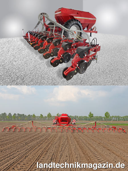 Bild: Die neue pneumatische Horsch Einzelkornsämaschine Maestro SW gibt es mit 12 und 24 Säreihen mit Reihenabständen von 70 oder 75 cm.