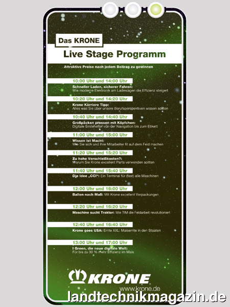 XL-Bild: Das Krone Live-Stage-Programm bietet täglich in der Zeit von 10 bis 17 Uhr auf dem Krone Stand in Halle 27 viele wissenswerte Informationen.