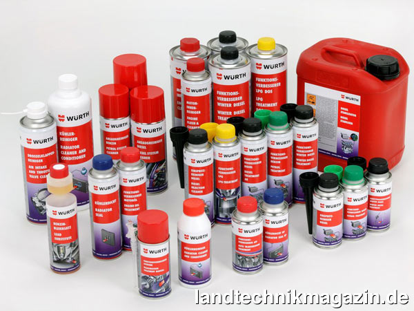 lAktuell umfasst das Sortiment der Würth Funktionswirkstoff- und Reinigerzusätze für Fahrzeuge mit Verbrennungsmotor insgesamt 26 Produkte. Die Lieferung erfolgt in Form handlicher Dosen inklusive Schüttrohr für ein komfortables Ausbringen.