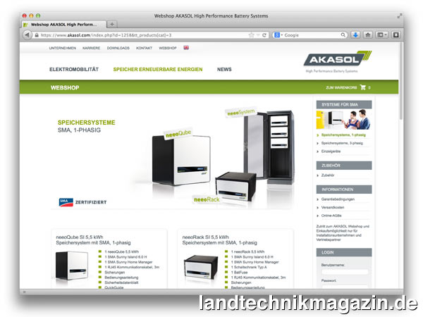 lAkasol bietet seine Li-Ionen-Batteriespeicher jetzt auch online im eigenen Webshop unter www.akasol.com/webshop an. Neben den Einzelgeräten erhalten registrierte Installateure zusätzlich Komplettsysteme sowie die dazugehörigen Komponenten von SMA.