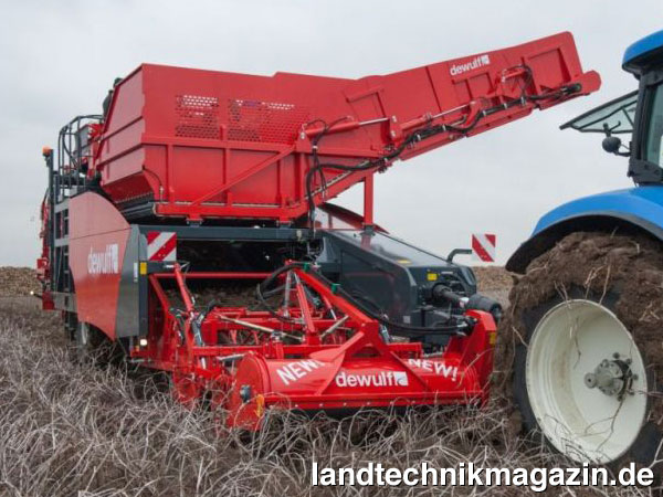 XL-Bild: Der zweireihige, gezogene Dewulf Bunker-Kartoffelroder RJA2060 verfügt als Besonderheit über einen integrierten Krautschläger vor dem Rodeaggregat. Foto: Dewulf nv