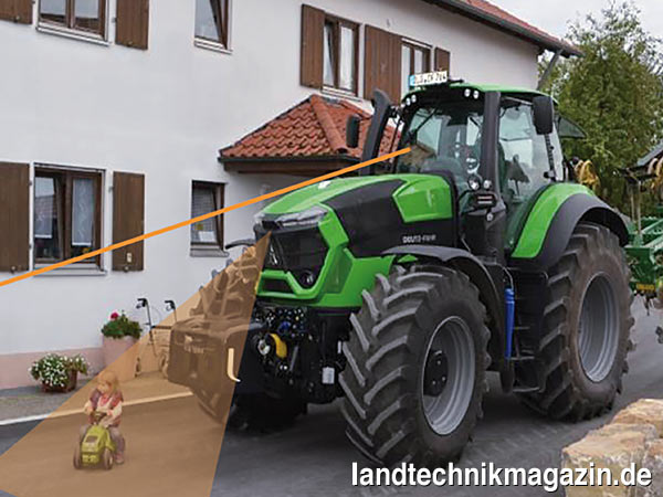 lDie Darstellung visualisiert das Problem: Der Fahrer des Großtraktors kann den Bereich vor dem Kühler nicht einsehen – Deutz-Fahr Driver Extended Eyes hat das Kleinkind allerdings bemerkt.