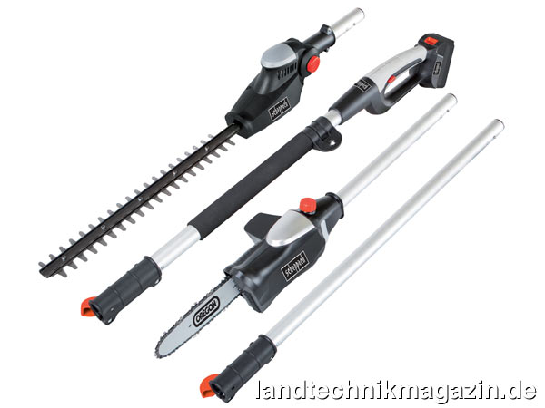 lDas scheppach 2in1-Akku-Set MGT410 umfasst sowohl eine Verlängerung als auch einen Aluminium-Stab, mit dem Heckenschere und Hochentaster bequem vom Boden aus geführt werden können.