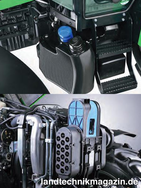 XL-Bild: Der 8 l fassende AdBlue-Tank der neuen Deutz-Fahr 5G Kompakt-Traktoren befindet sich neben dem Kabinenaufstieg (oben). In den beiden neuen Deutz-Fahr Serien 5 und 5G ist ein Power-Core Luftfilter eingebaut (unten).