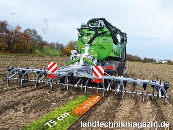 lDie Ackerinjektoren Joskin Terraflex verfügen jetzt über Zwischenabstände von 37,5 cm, um die Gülle besser zu verteilen und besser an die folgende Aussaat angepasst zu sein.
