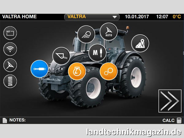 Bild: Das neue 9-Zoll-Touchscreen-Terminal des Valtra S394 führt den Benutzer mit Hilfe eines interaktiven Traktors durch das Menü.