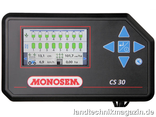 Bild: Das neue Monosem Terminal CS 30 verfügt über einen Farbbildschirm, der Aussaatstärke sowie durchschnittliche Ausbringmenge von bis zu 18 Saatreihen und die aktuelle Fahrgeschwindigkeit anzeigt.