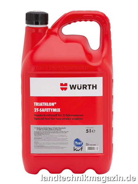 lDer neu entwickelte Würth Sonderkraftstoff Triathlon 2T-Safetymix ist ein gebrauchsfertiges Zweitakt-Gemisch im Verhältnis 1:50 auf Basis von Alkylatbenzin. Es enthält laut Würth kein gesundheitsschädliches Benzol und ist darüber hinaus aromaten- und schwefelarm.