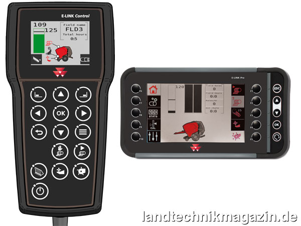Bild: Die neuen variablen Pressen Massey Ferguson MF RB 4160V und 4180V sind standardmäßig mit dem E-Link-Steuerungssystem (links) ausgerüstet, optional ist auch die ISOBUS-Steuerung E-Link Pro verfügbar.