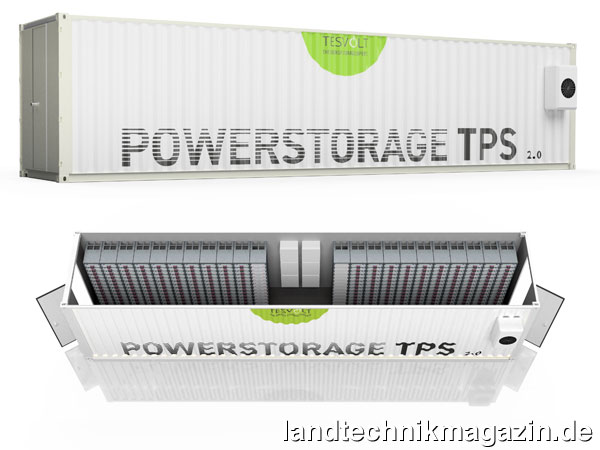 lDie Tesvolt Container-Speicher TPS 2.0 ist in den ISO-Standardmaßen 20, 40 und 45 Fuß erhältlich und kann mit maximal 4,4 MWh Speicherkapazität bestückt werden. Die Auslieferung soll Anfang 2020 erfolgen.