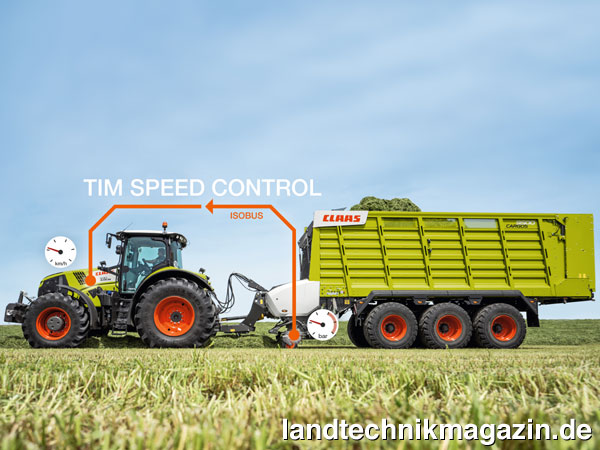 XL-Bild: Die Claas CARGOS 8000 und 9000 Ladewagen können mit der ISOBUS-Funktion TIM SPEED CONTROL die Vorfahrtgeschwindigkeit des Traktors abhängig von ihrer aktuellen Auslastung regeln.