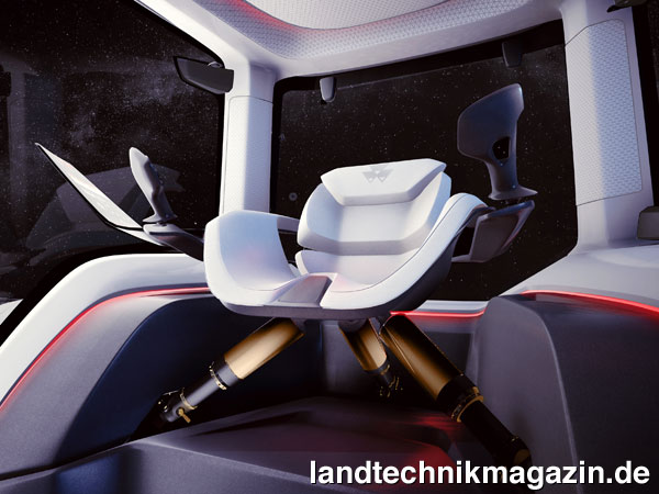 XL-Bild: Der Mensch, der den MF NEXT Concept Traktor bedient, nimmt auf einem Loungesessel mit innovativer Federung Platz. Dank autonomer Systeme sind die Hände frei, um einen (alkoholfreien) Cocktail zu trinken...
