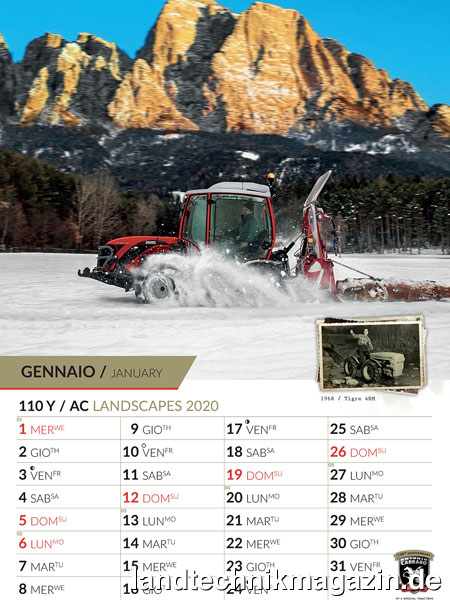 XL-Bild: Im Antonio Carraro Kalender 110Y/AC LANDSCAPES 2020 werden die Traktoren der derzeitigen AC-Produktlinie durch Vintage-Ansichtskarten begleitet.