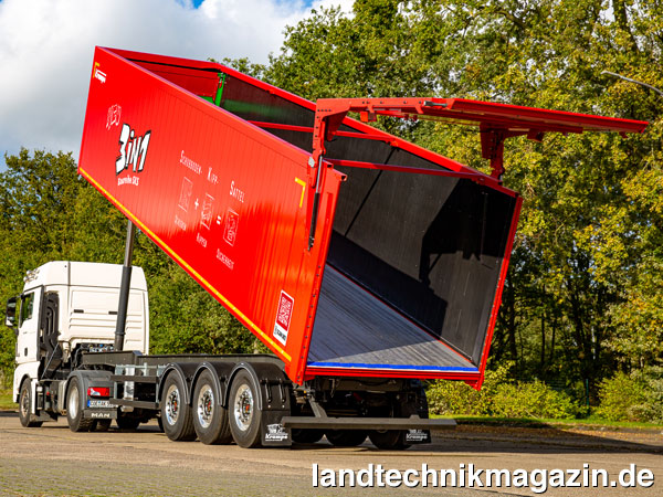 XL-Bild: Die neue Krampe Fahrzeugkombination aus Rückwärtskipper und Schubboden ist als geländegängiger Zweiachs-Sattelauflieger SKS 20/950 und als Dreiachs-Straßenversion SKS 30/1050 erhältlich.