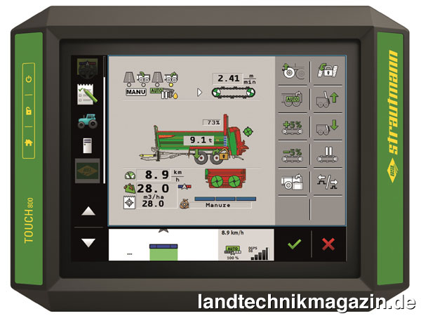 Bild: Das neue Bedien-Terminal Touch 800 ermöglicht durch seinen Task-Controller mit den Strautmann VS- und PS-Universalstreuern eine teilflächenspezifische Ausbringung nach Applikationskarten.