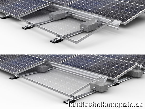 XL-Bild: Die Solarmodule lassen sich bei den neuen Aerocompact Flachdach-PV-Montagesystemen CompactFLAT SN10 und SN10+ sowohl an der Längsseite (oben) als auch an der kurzen Seite (unten) befestigen.