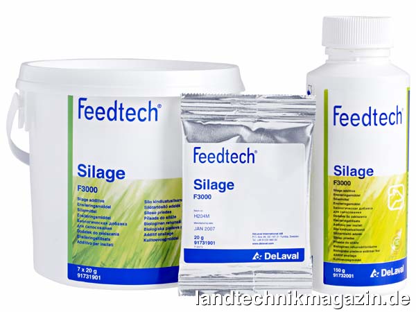 lFeedtech™ Silage F 3000 ist DLG anerkannt und auch durch FiBL für den ökologischen Landbau in Deutschland zugelassen worden. Die notwendige Wassermenge für das Premiumsiliermittel konnte DeLaval auf bis zu 250 ml Wasser/ t Siliergut  zu senken, eine Menge, die erlaubt ohne Kompromisse in der Applikationsgenauigkeit zu arbeiten.