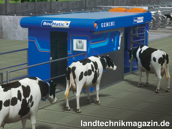 XL-Bild: Der neue Melkroboter BouMatic Gemini Roboter ist sowohl in einer Einzelbox-Variante als auch in einer Doppelbox-Version erhältlich, mit der zwei Kühe gleichzeitig gemolken werden können.