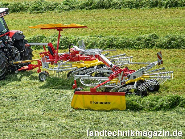 XL-Bild: Mit der hydraulischen Arbeitsbreitenverstellung der neuen Zweikreisel-Schwader Pöttinger TOP 632 A und TOP 692 A kann zwischen Einfachschwad und Zweifachschwad gewählt werden.