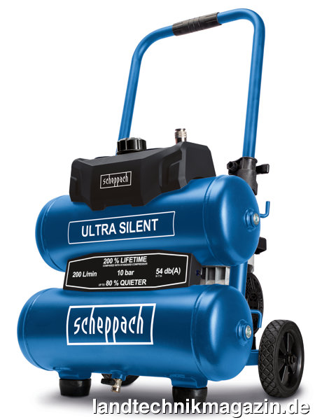 lMit 54 dB ist der neue scheppach Ultra Silent Kompressor HC20Si-Twin im Einsatz laut Hersteller besonders leise.