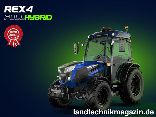 Bild: EIMA Technical Innovation 2022: Argo Tractors SpA, Landini Rex4 Full-Hybrid – Schmalspurtraktor für Wein- und Obstbau mit Plug-in Hybridantrieb.