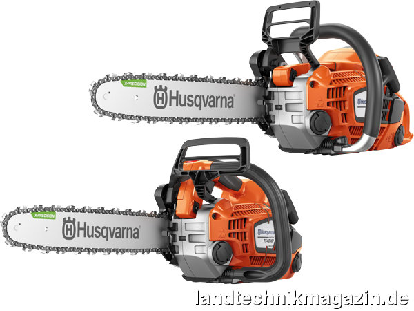 lNeue Husqvarna Kettensägen: Die schwerere 540 XP Mark III für leichtere Forstarbeiten auf dem Boden (oben) und die leichtere T540 XP Mark III zum Schneiden von Stämmen und dicken Ästen.