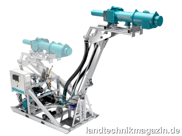 lBörger zeigt auf der Agritechnica 2023 den neuen Bioselect Powerframe RC 40, der auf eine Abwurfhöhe laut Hersteller von bis zu 4,30 m hochgefahren werden kann.